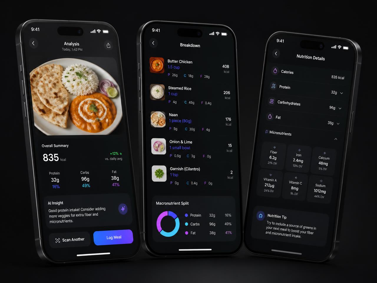 MasalaMetrics iPhone app screens showing AI food analysis and nutrition breakdown