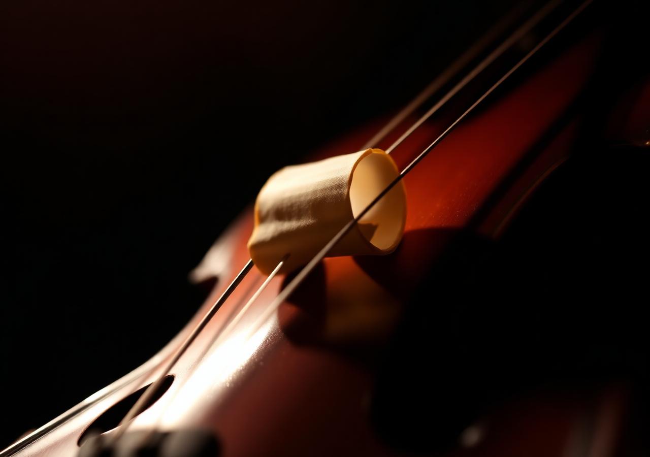 Close-up of violin strings and bridge in warm light